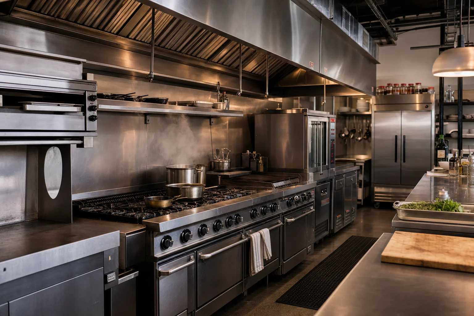 A commercial kitchen cook line with stainless steel equipment